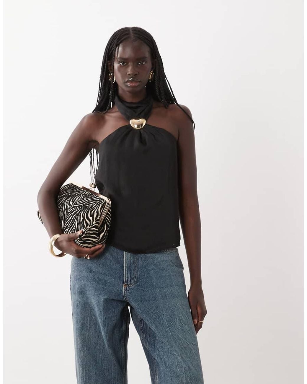 New Look Black Satin Hardware Halterneck Top