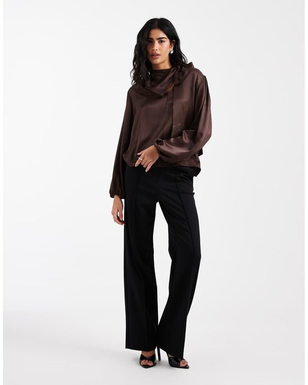 ASOS Brown Satin Tie Neck Blouse