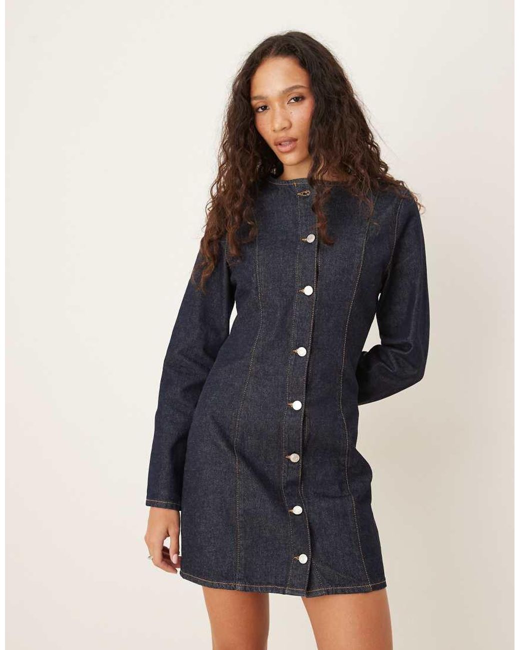 ASOS Blue Denim Mini Long Sleeve Crew Neck Dress