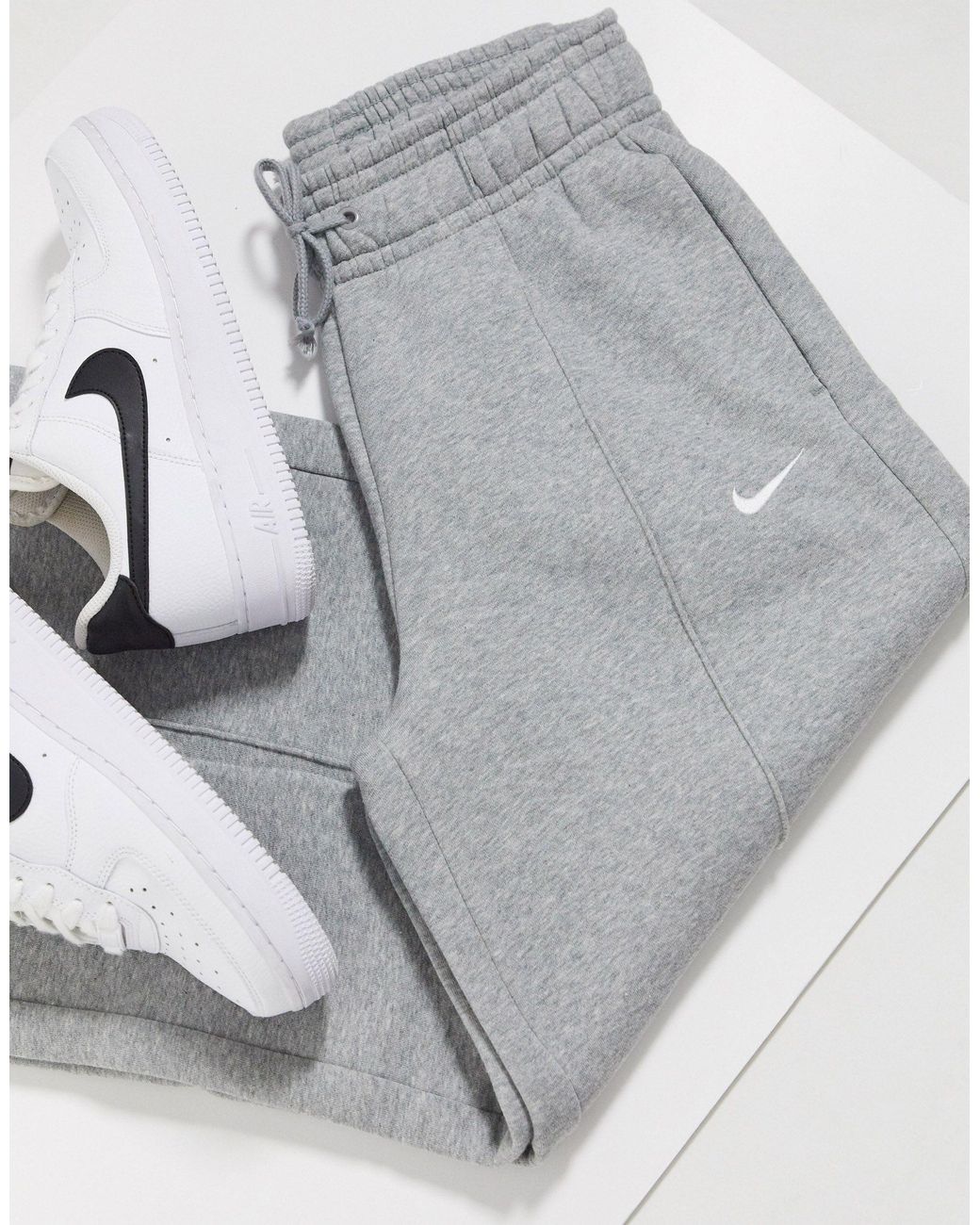 Nike Mini Swoosh High Waisted Wide Leg Trackies in Gray