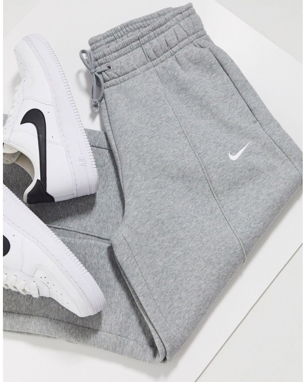 nike mini swoosh high waisted wide leg joggers in grey