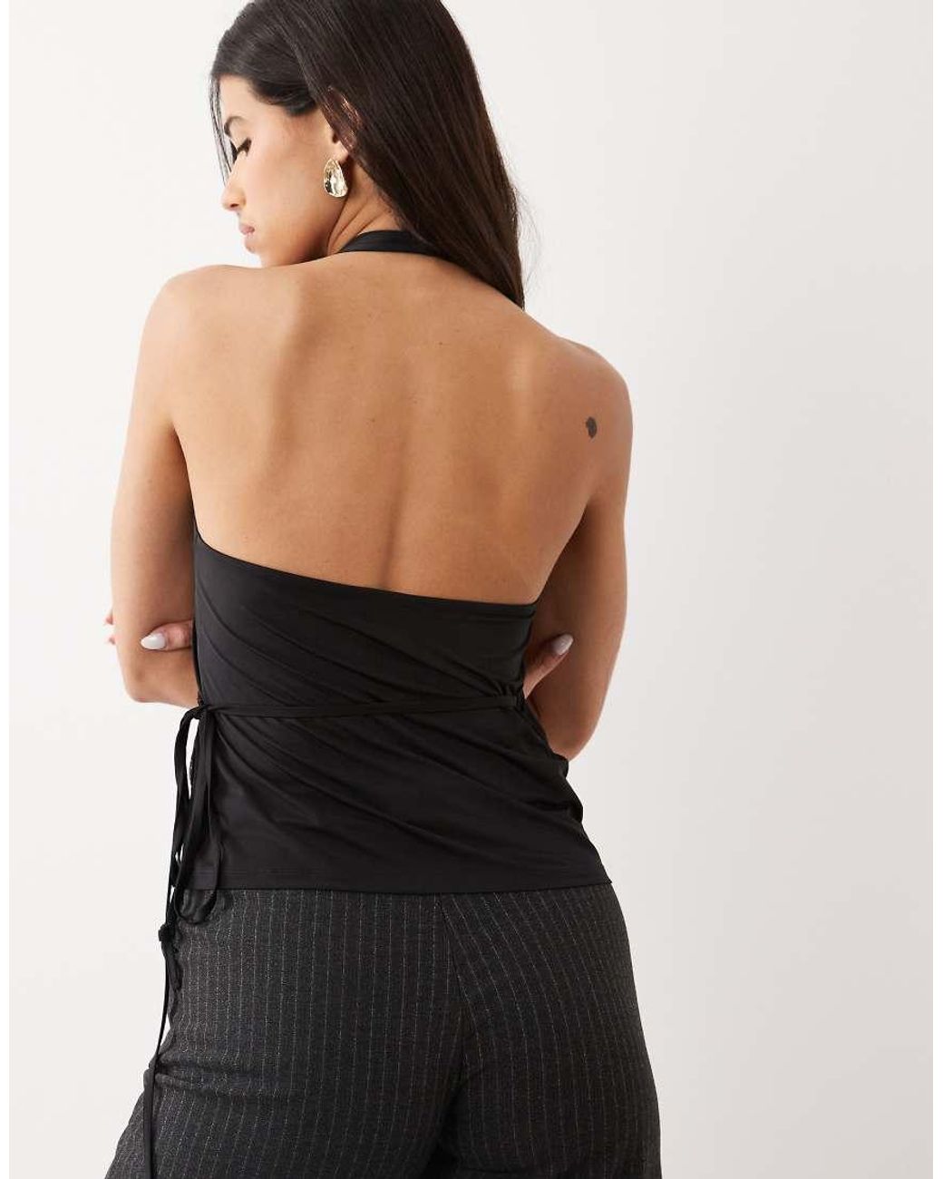 ASOS Black Wrap Around Halter Top With Lace Trim