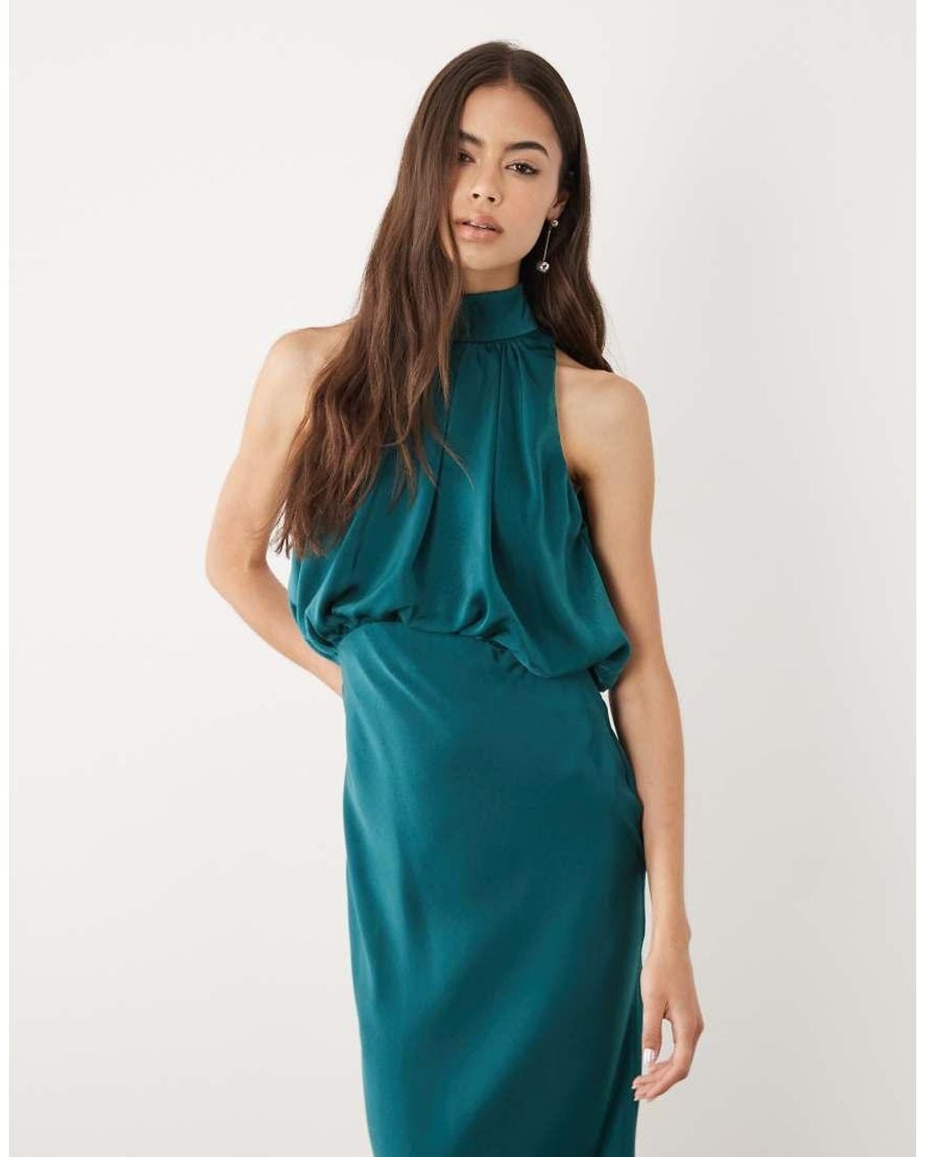 ASOS Blue Asos Design Tall Halterneck Blouson Satin Maxi Dress