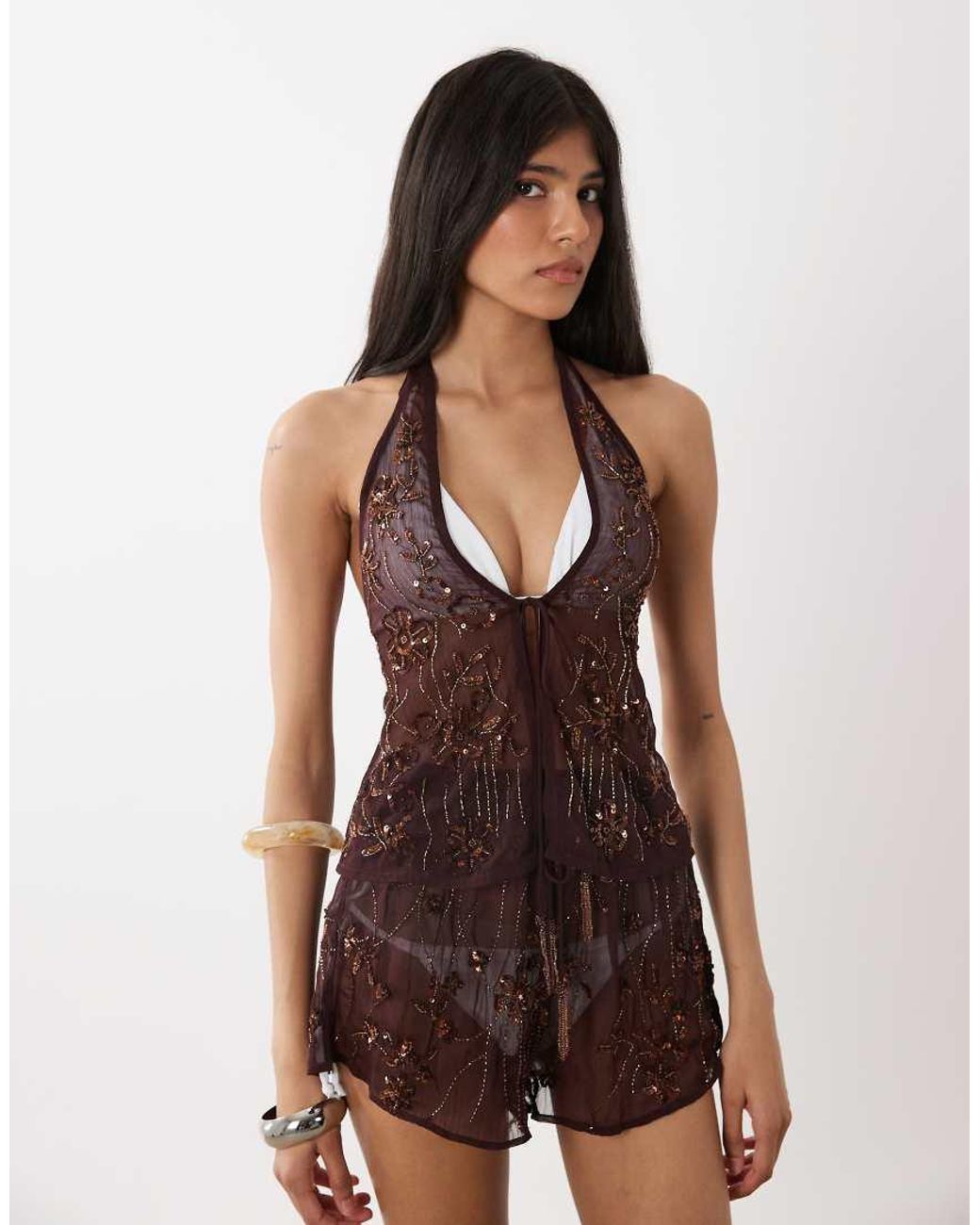 Miss Selfridge Purple Beach Premium Embellished Halterneck Top Co-ord