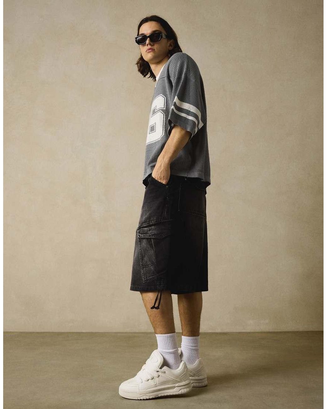 Bershka Natural Denim Cargo Parachute Shorts for men