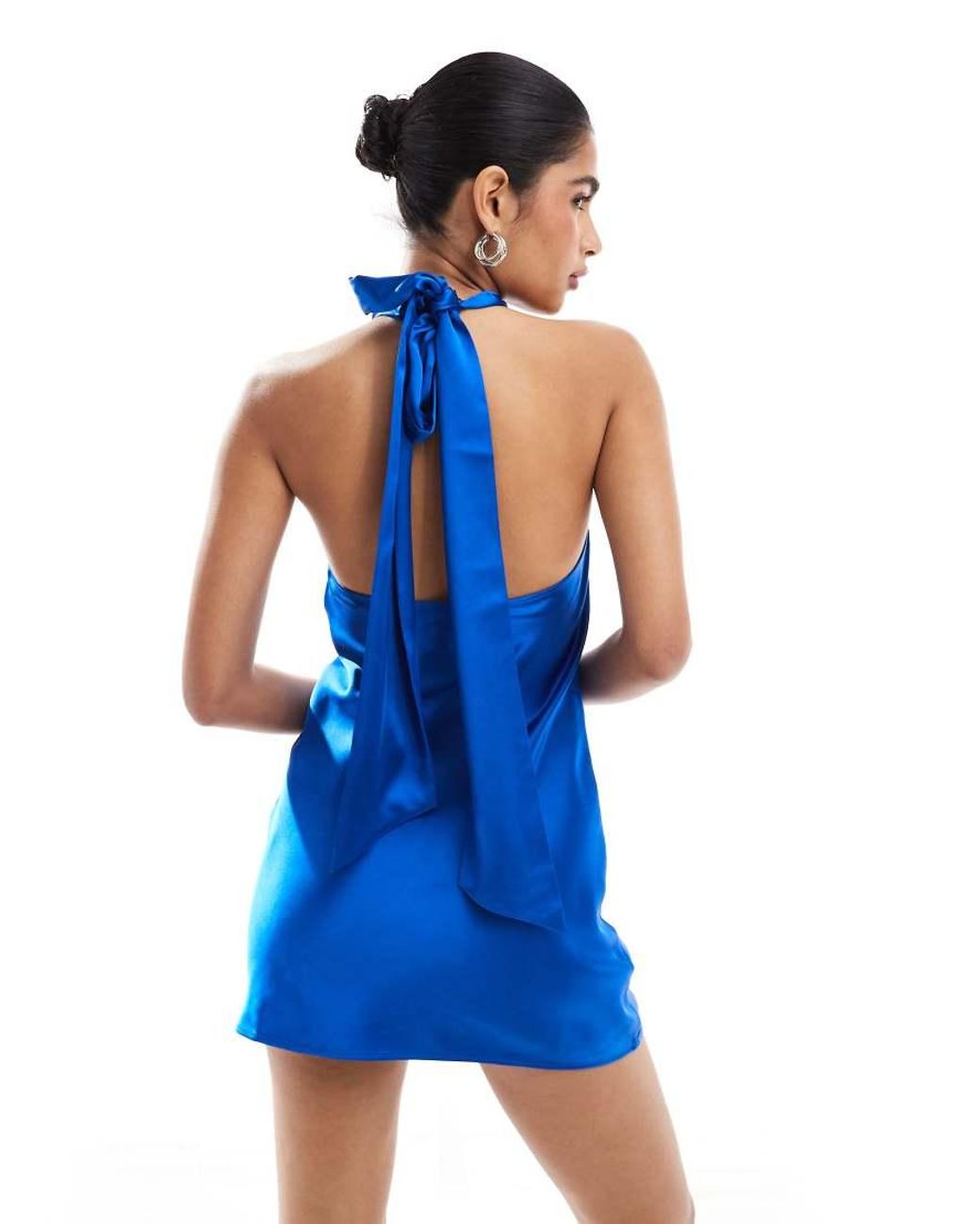 Bershka Halterneck Satin Mini Dress in Blue