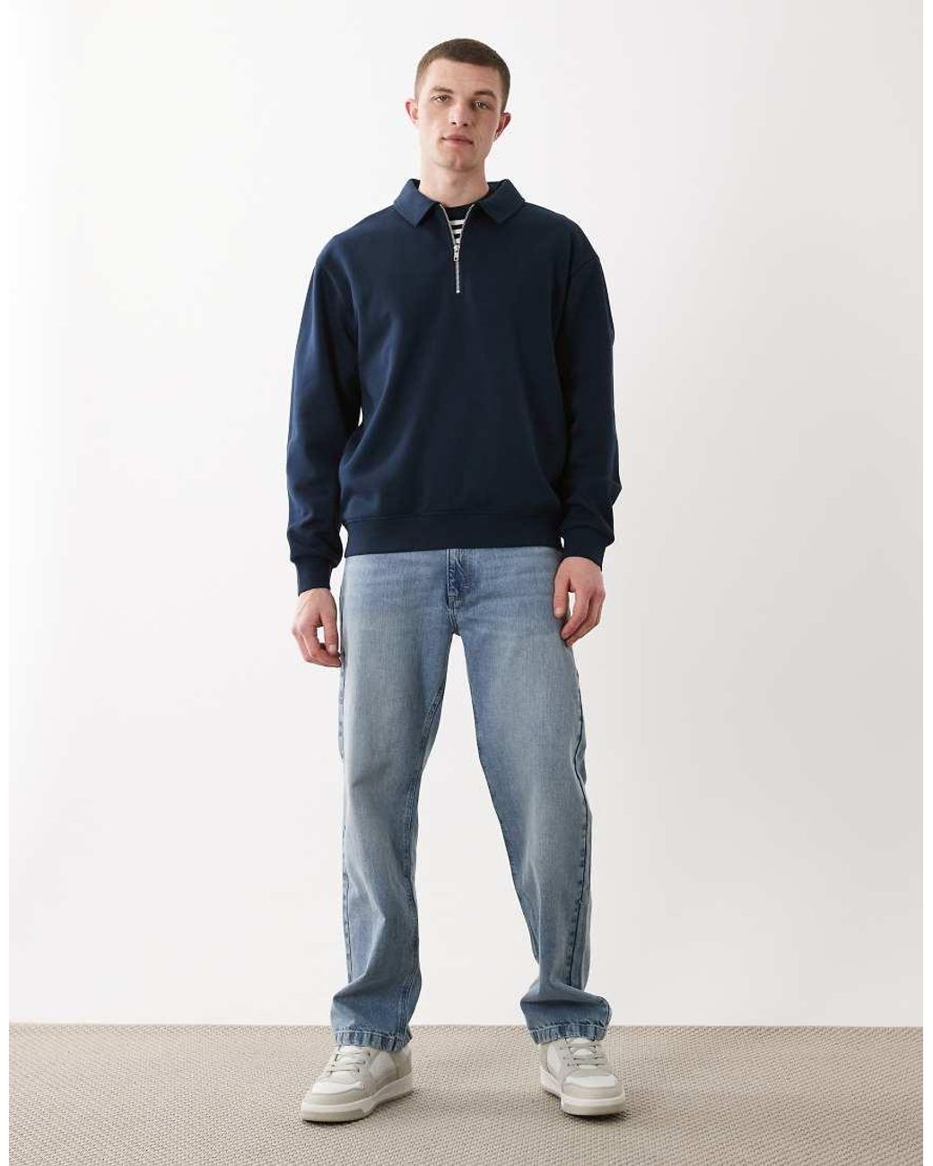ASOS Blue Relaxed 1/4 Zip Sweatshirt With Collar for men