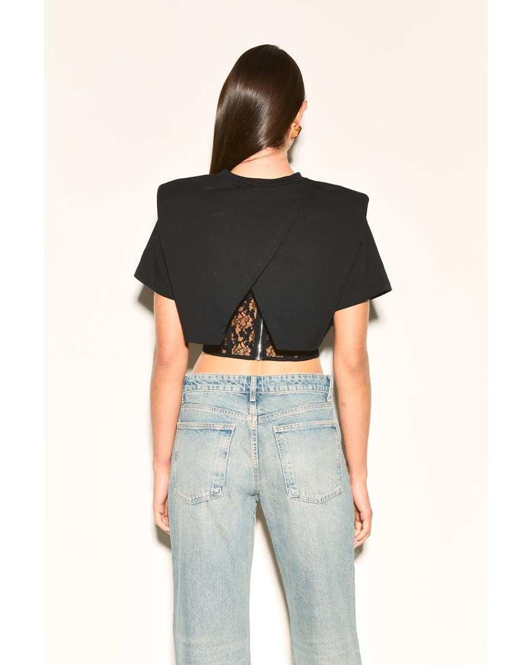 Noughts & Kisses Black Cotton Rich Padded Shoulder Lace Corset Waist Detail Top