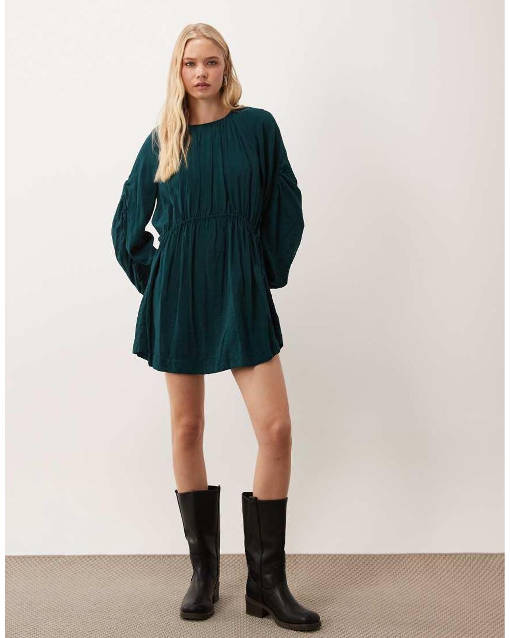 ASOS Blue Crew Neck Mini Dress With Ruched Waist Channel And Blouson Sleeves