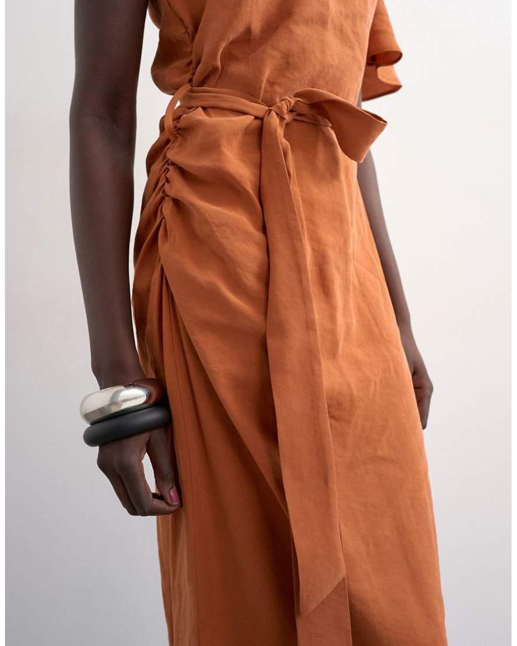 TOPSHOP Orange Asym Sleeve Tie Waist Cupro Maxi Dress
