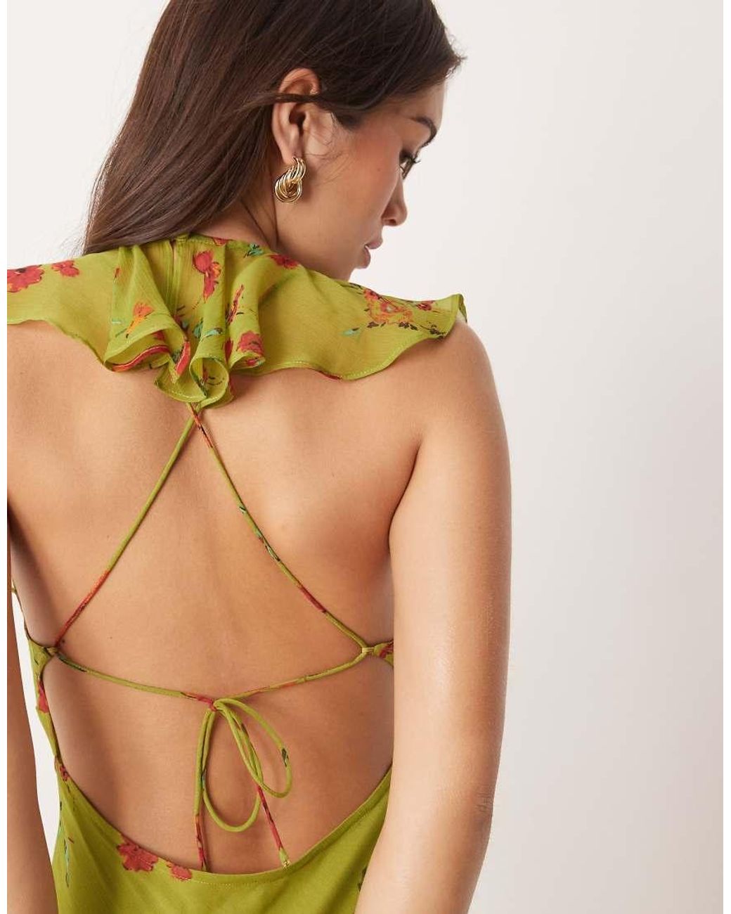 ASOS Green Frill Sleeve Cowl Asymmetric Hem Maxi Dress
