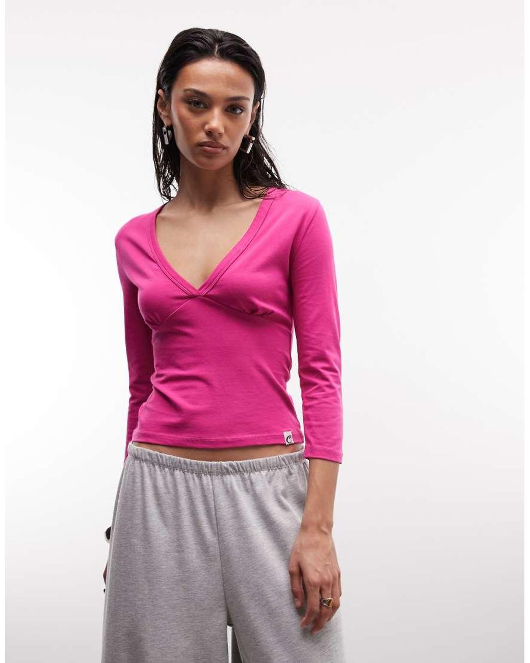 Collusion Pink Plunge V Neck 3/4 Sleeve Top