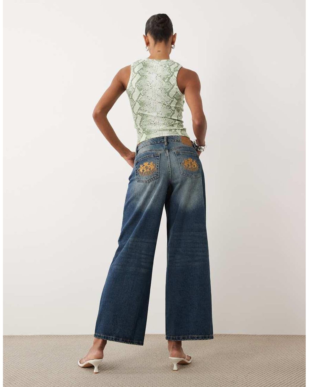 Juicy Couture Blue Mid Rise Embroidered Crest Logo Wide Leg Jeans
