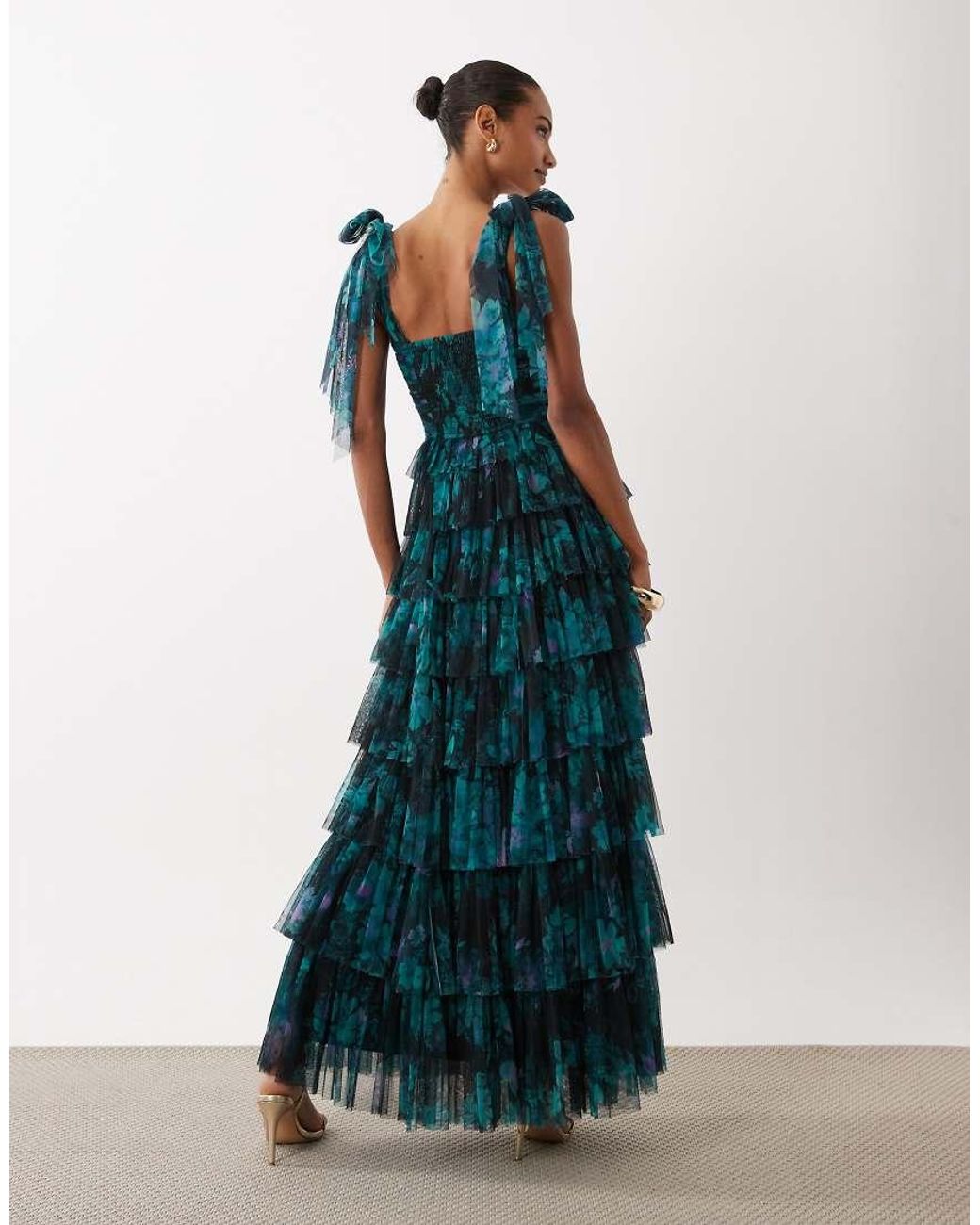 LACE & BEADS Blue Bridesmaid Tulle Bow Shoulder Maxi Dress