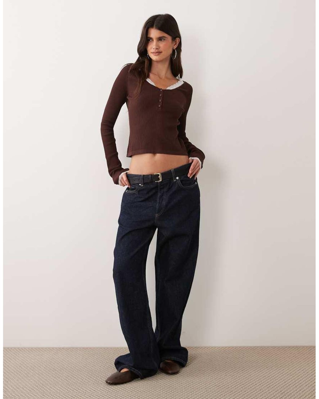 Miss Selfridge Brown Rib Knit Lace Button Up Long Sleeve Top