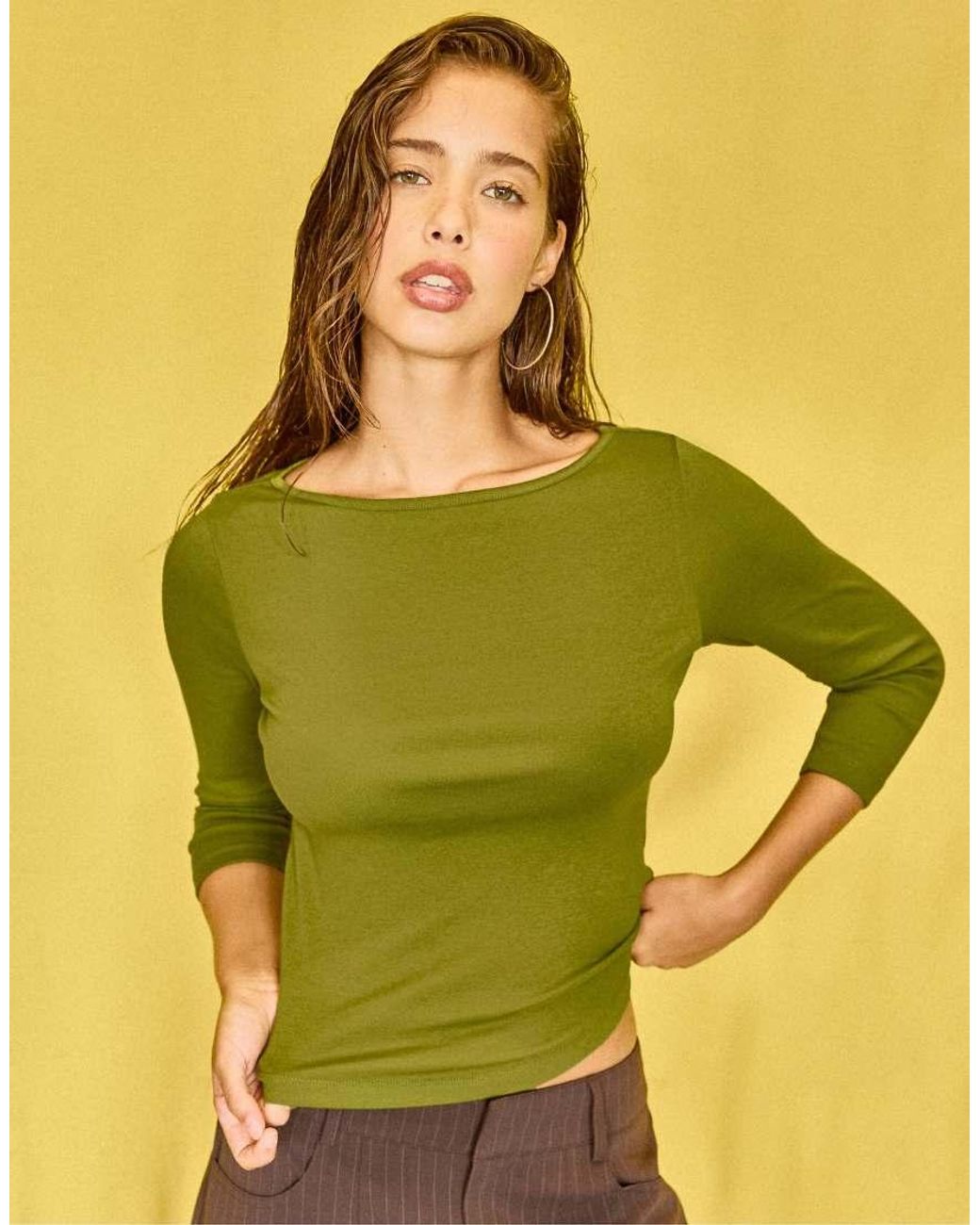 Stradivarius Yellow Boat Neck 3/4 Sleeve T-Shirt