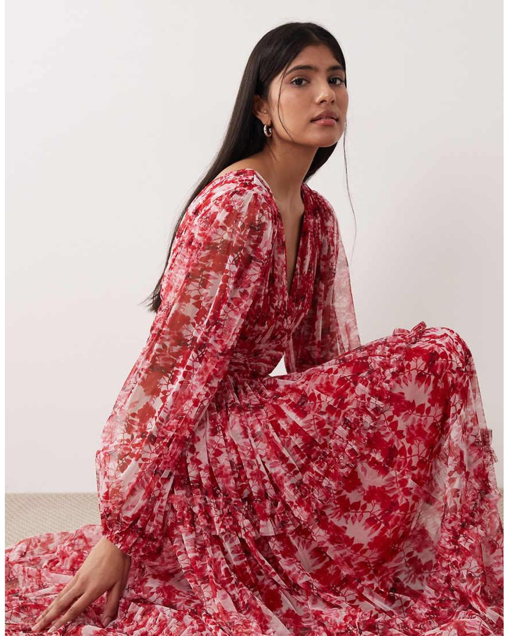 LACE & BEADS Red Deep V-neck Sheer Bell Sleeve Maxi Dress