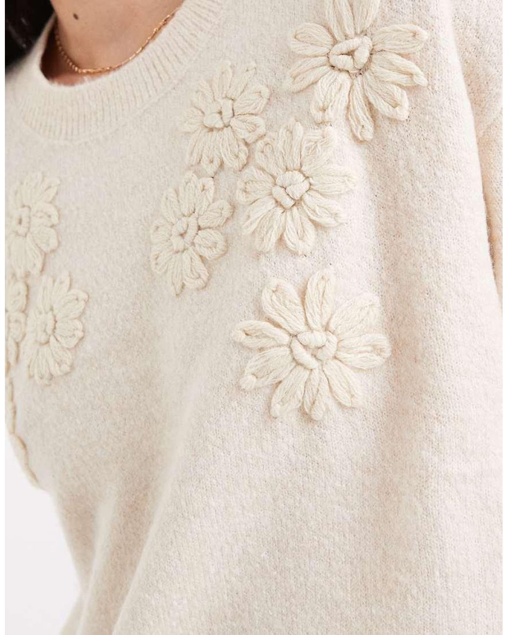 Brave Soul Natural Crew Neck Jumper With Flower Embroidered Detail