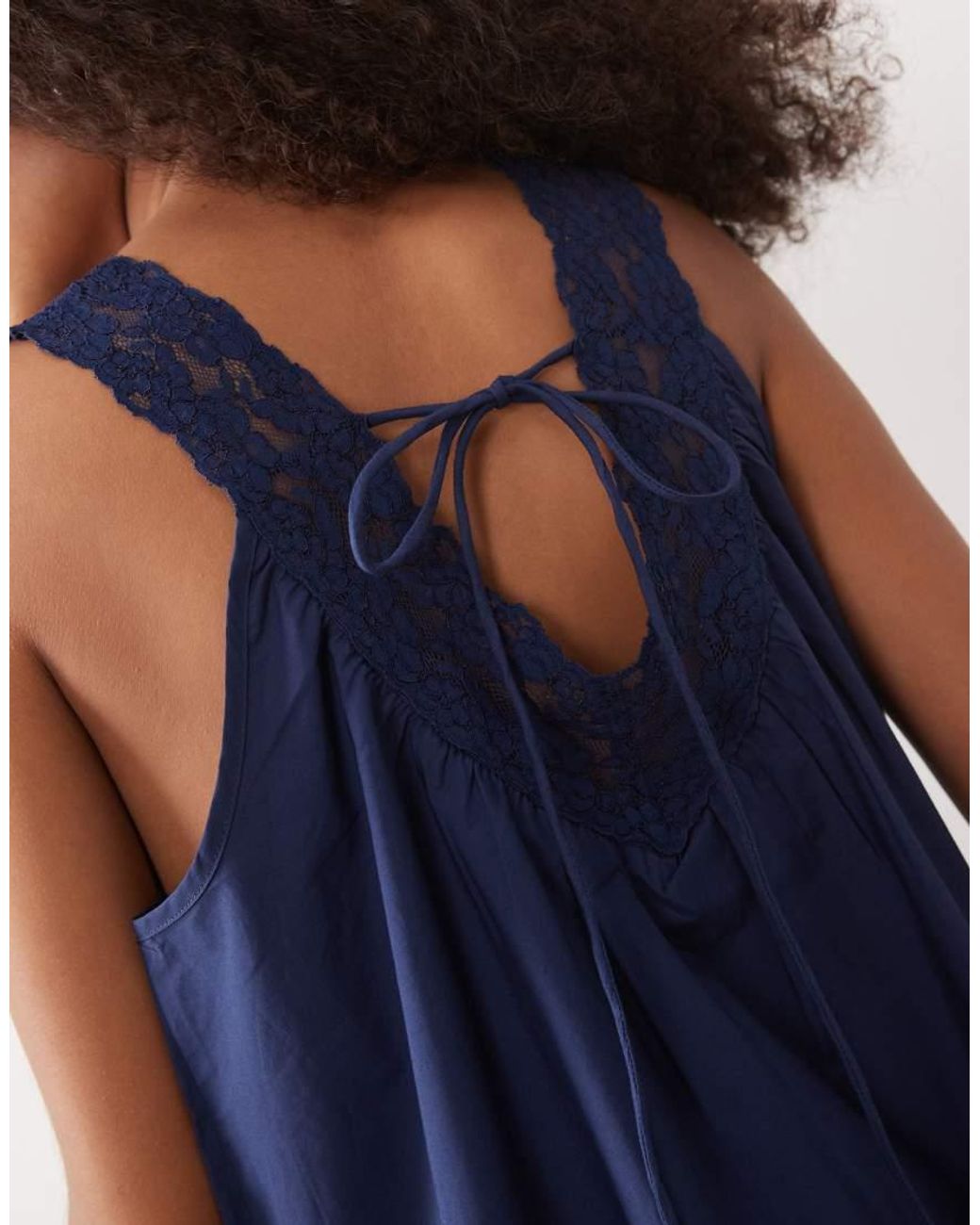 ASOS Blue V Neck Smock Poplin Maxi Sundress With Lace Overlay