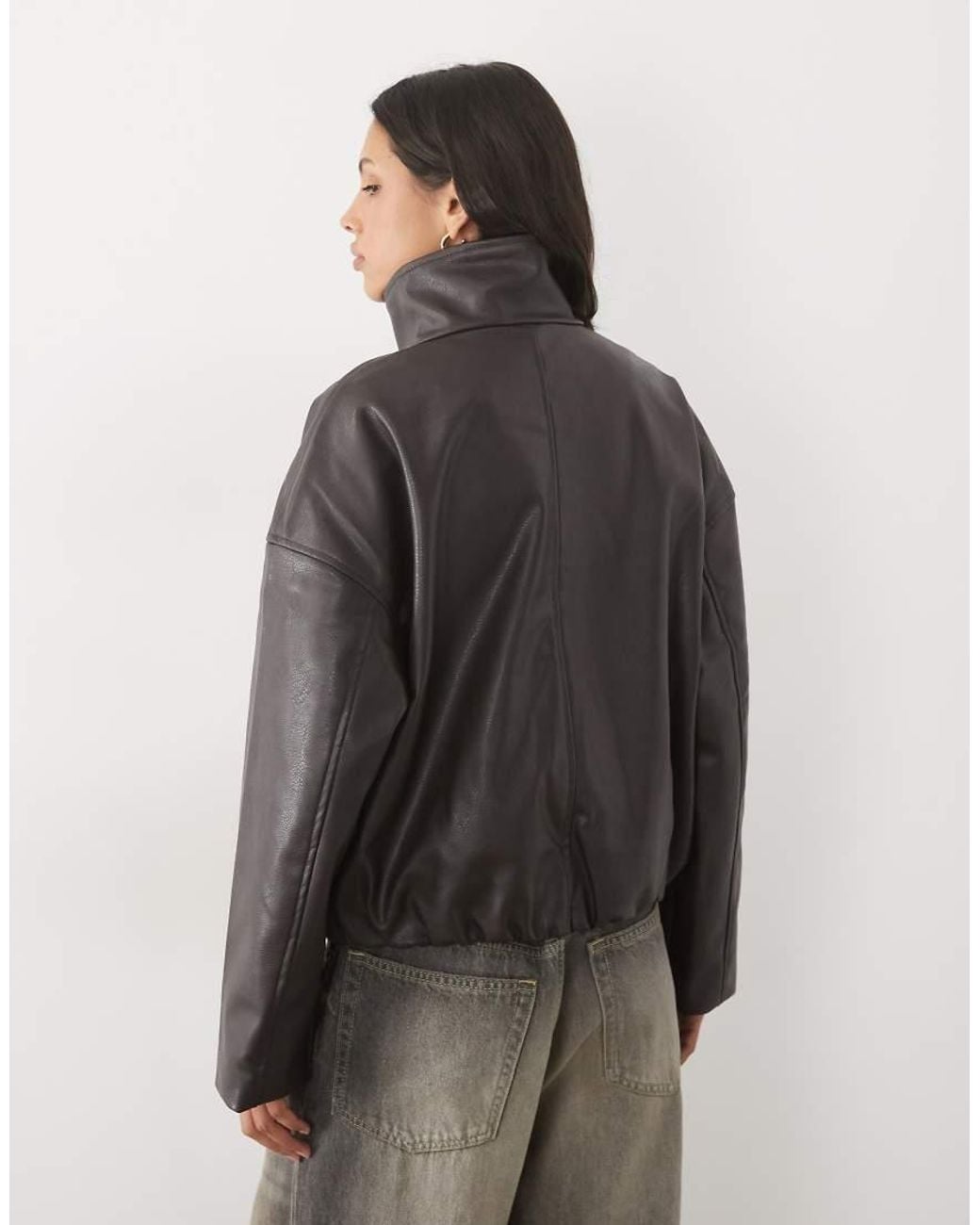 Object Gray Leather Look Funnel Neck Jacket