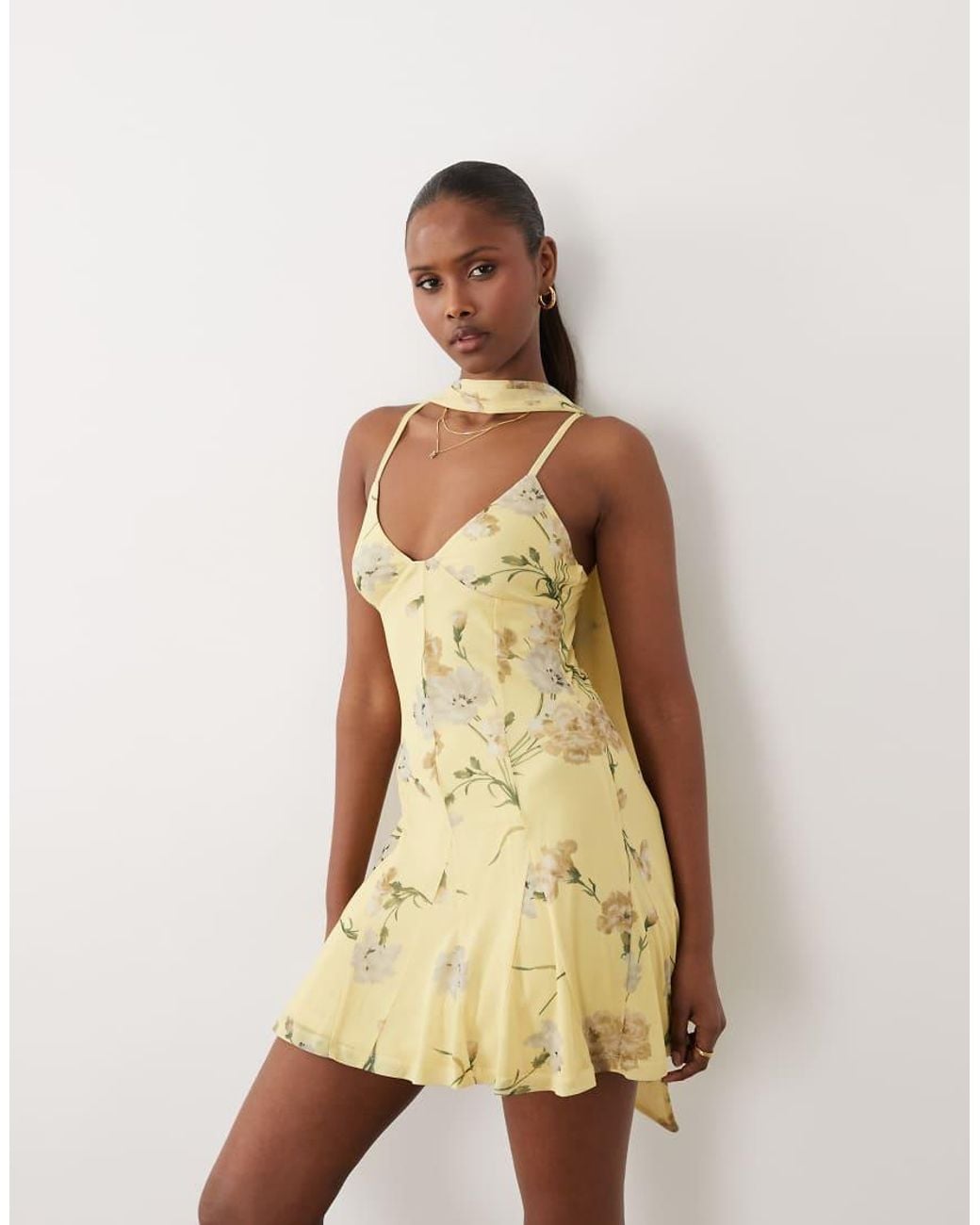 ASOS Natural Printed Mesh Scarf Detail Godet Mini Dress