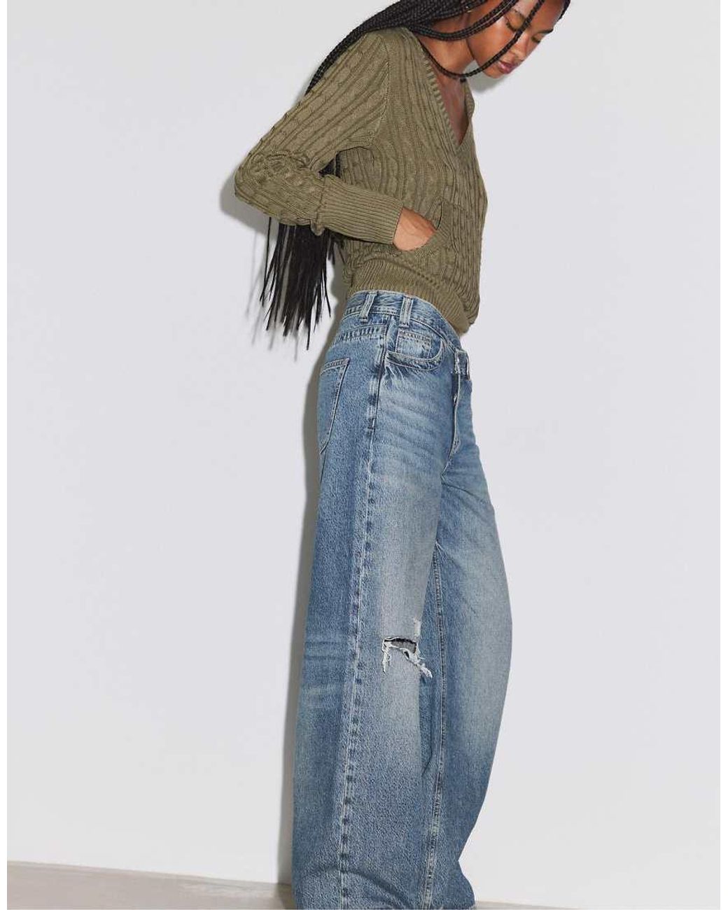Stradivarius Blue Cross-Over Waist Wide-Leg Jeans