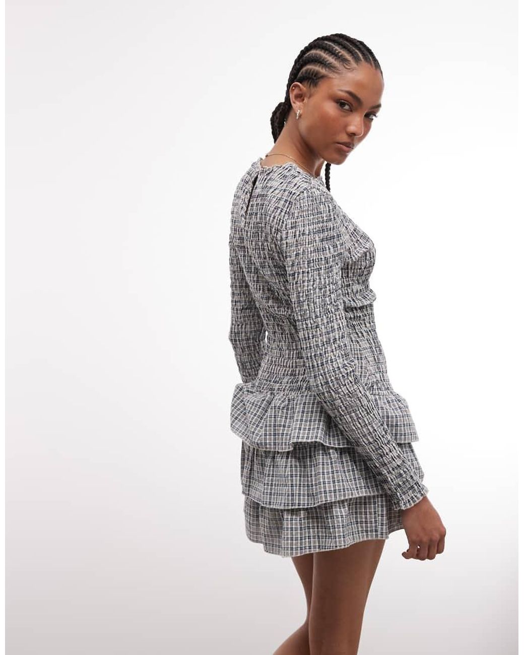 Daisy Street Gray Long Sleeve Drop Waist Shirred Ruffle Mini Dress