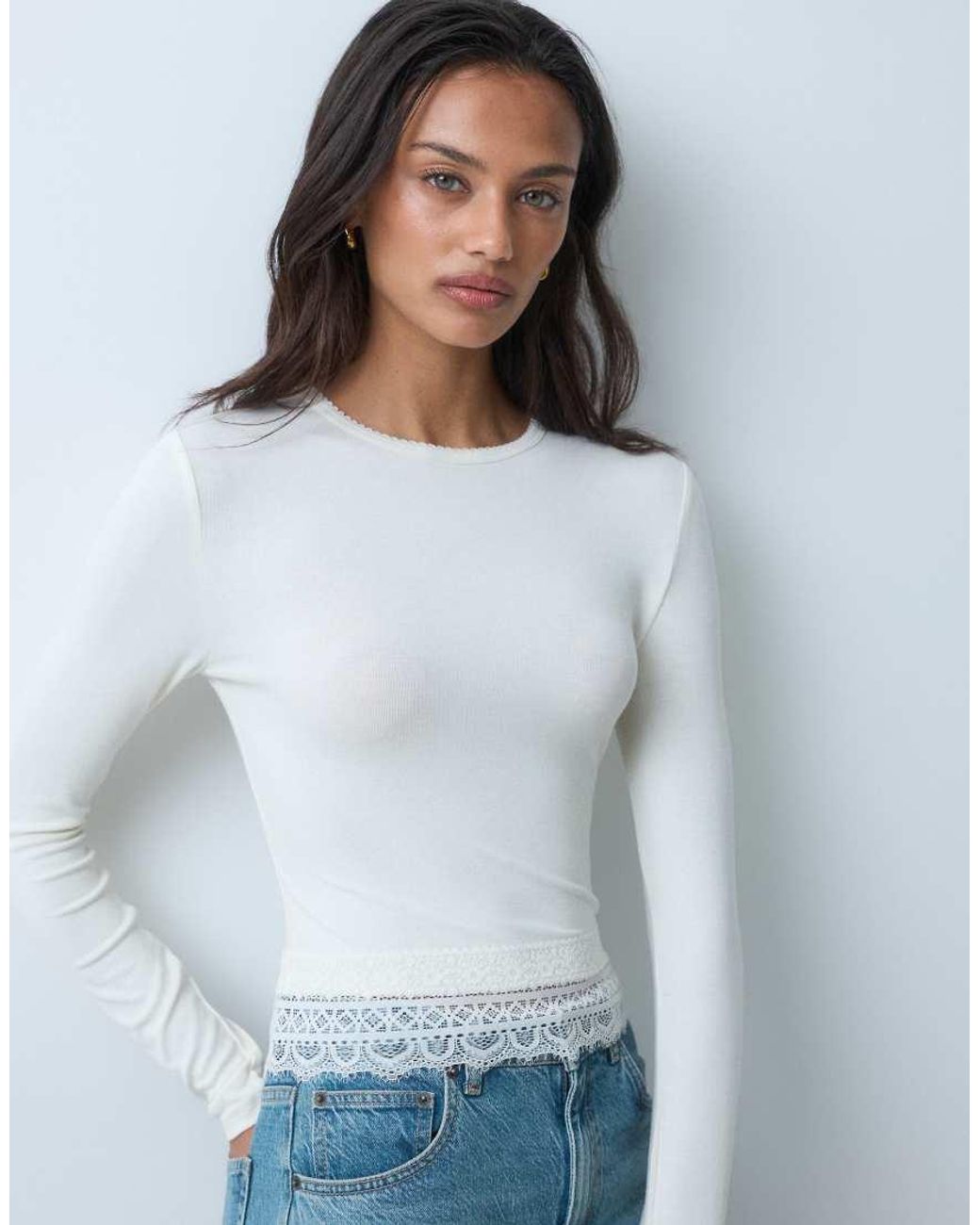 Miss Selfridge White Lace Trim Crew Neck Top