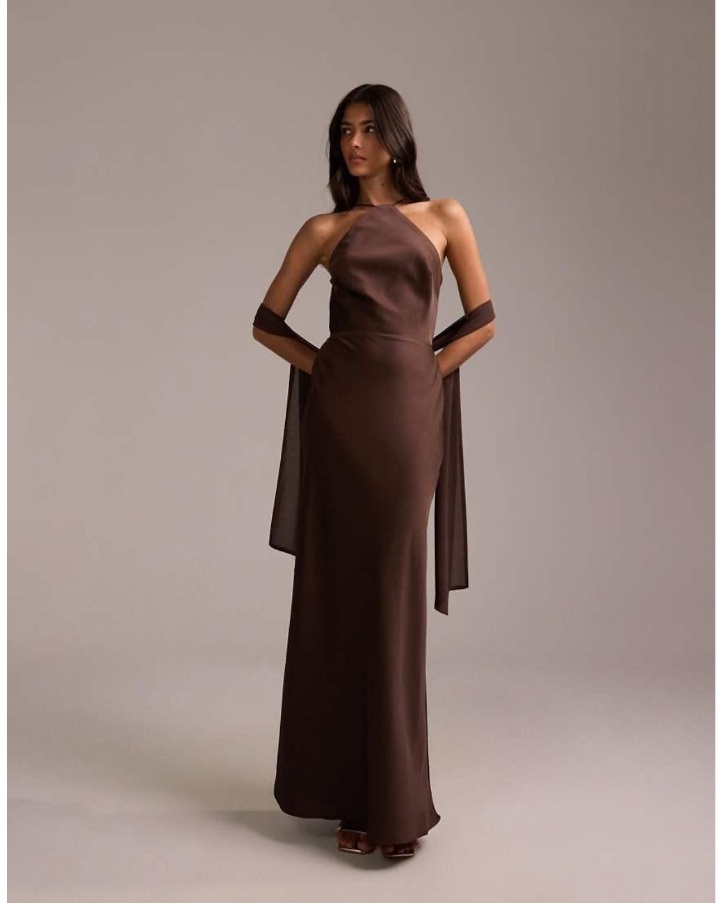 ASOS Brown Bridesmaids Halter Neck Satin Maxi Dress With Scarf Detail