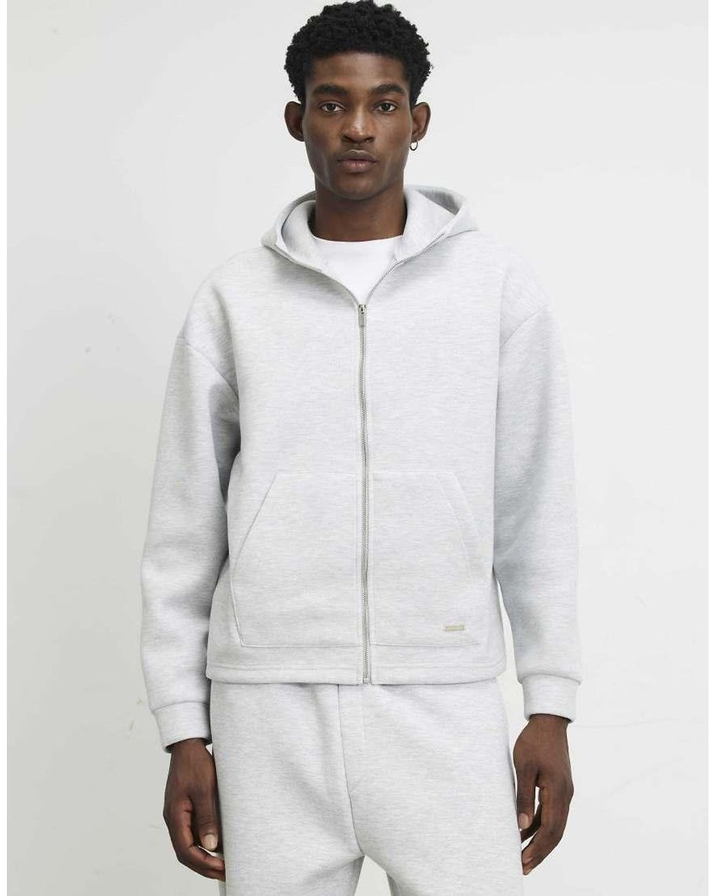 River Island White Premium Cotton Zip Through Hoodie for men