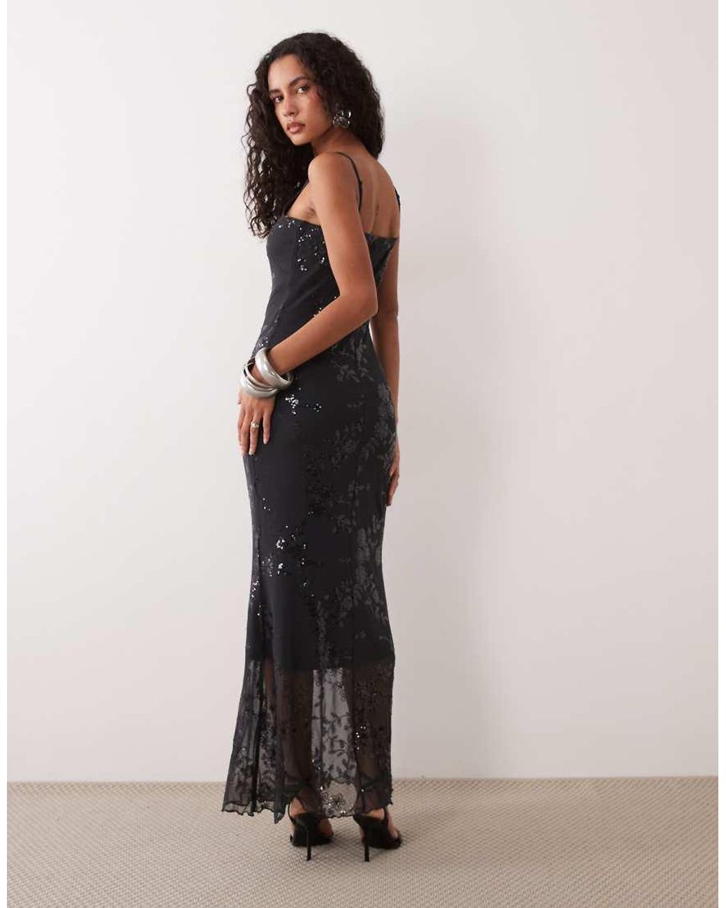 Pieces Gray Embellished Mesh Maxi Dress