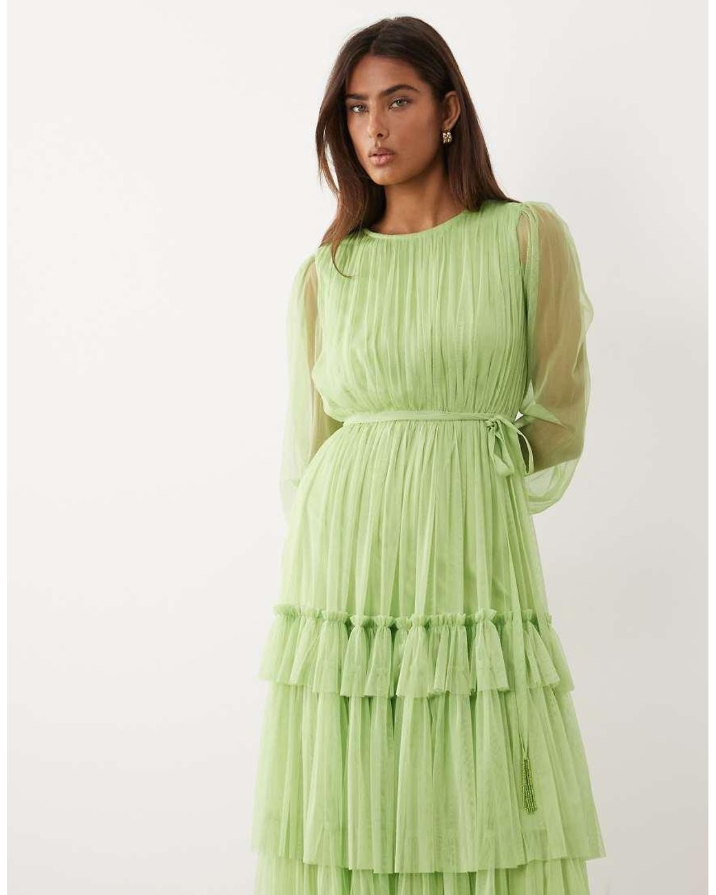LACE & BEADS Green Crew Neck Tiered Midi Dress