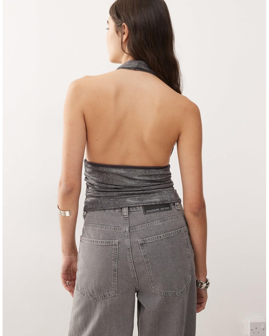 Weekday Gray Shimmer Deep Halter Neck Top
