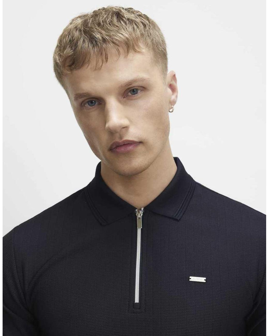 River Island Blue Muscle Fit Textured Zip Polo Shirt for men
