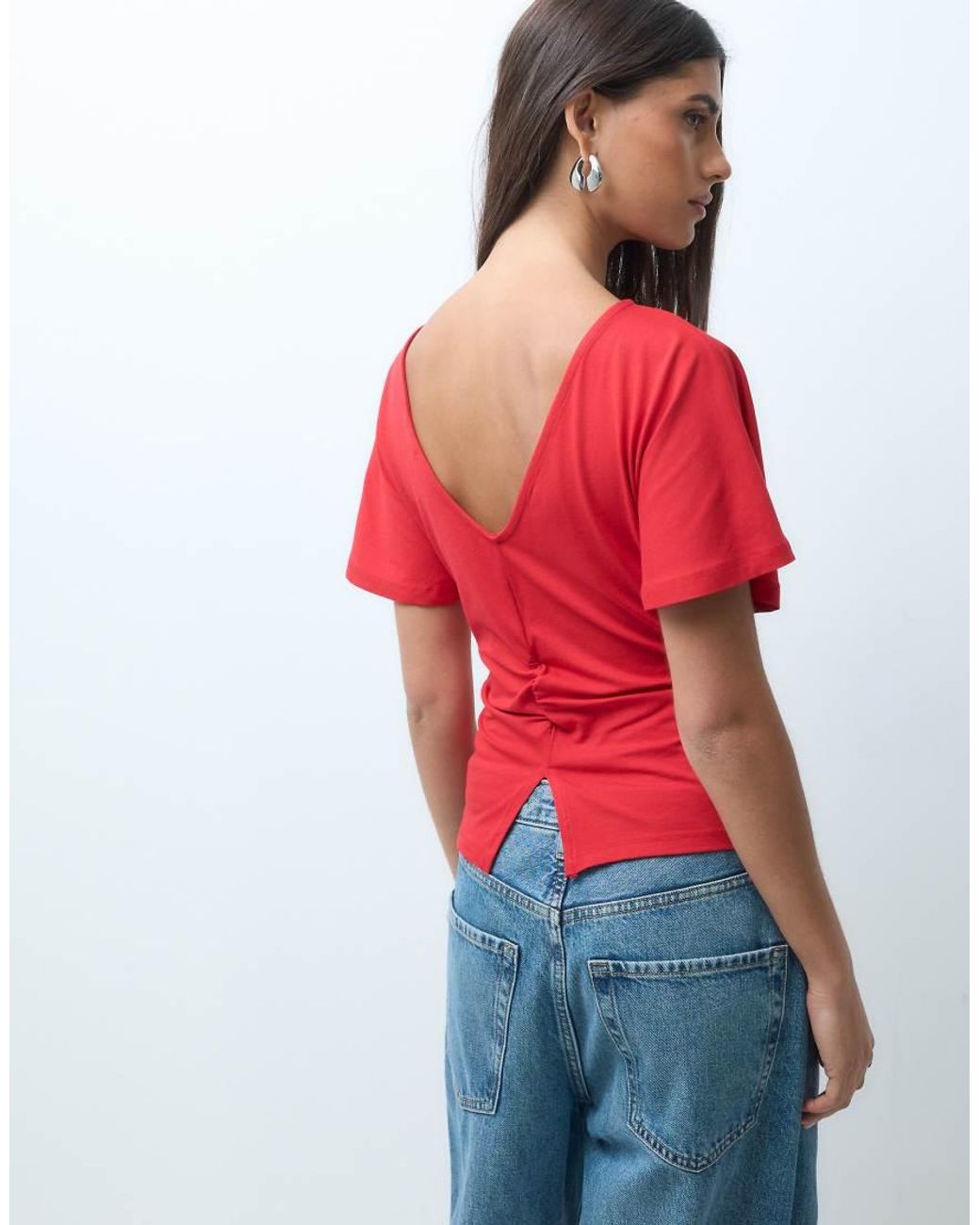 ASOS Red Cinch Waist Angle Sleeve Tee With V Back Detail