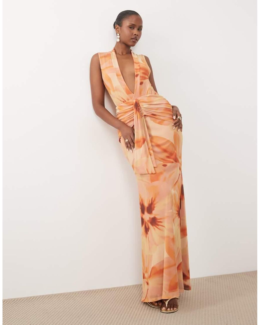 ASOS White Printed Mesh Deep Plunge Maxi Dress