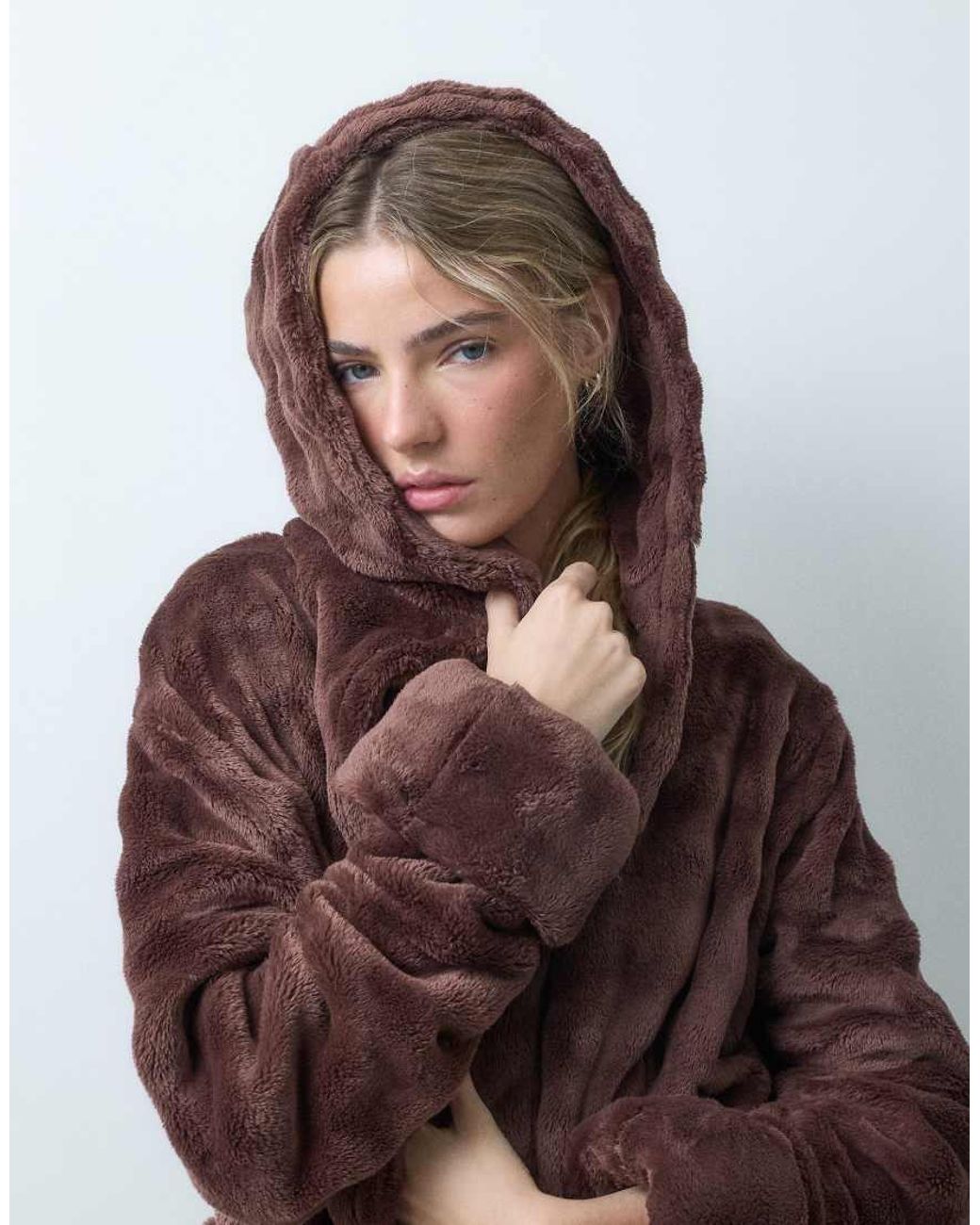 Loungeable Brown Bubble Cut Hooded Fleece Midi Length Robe