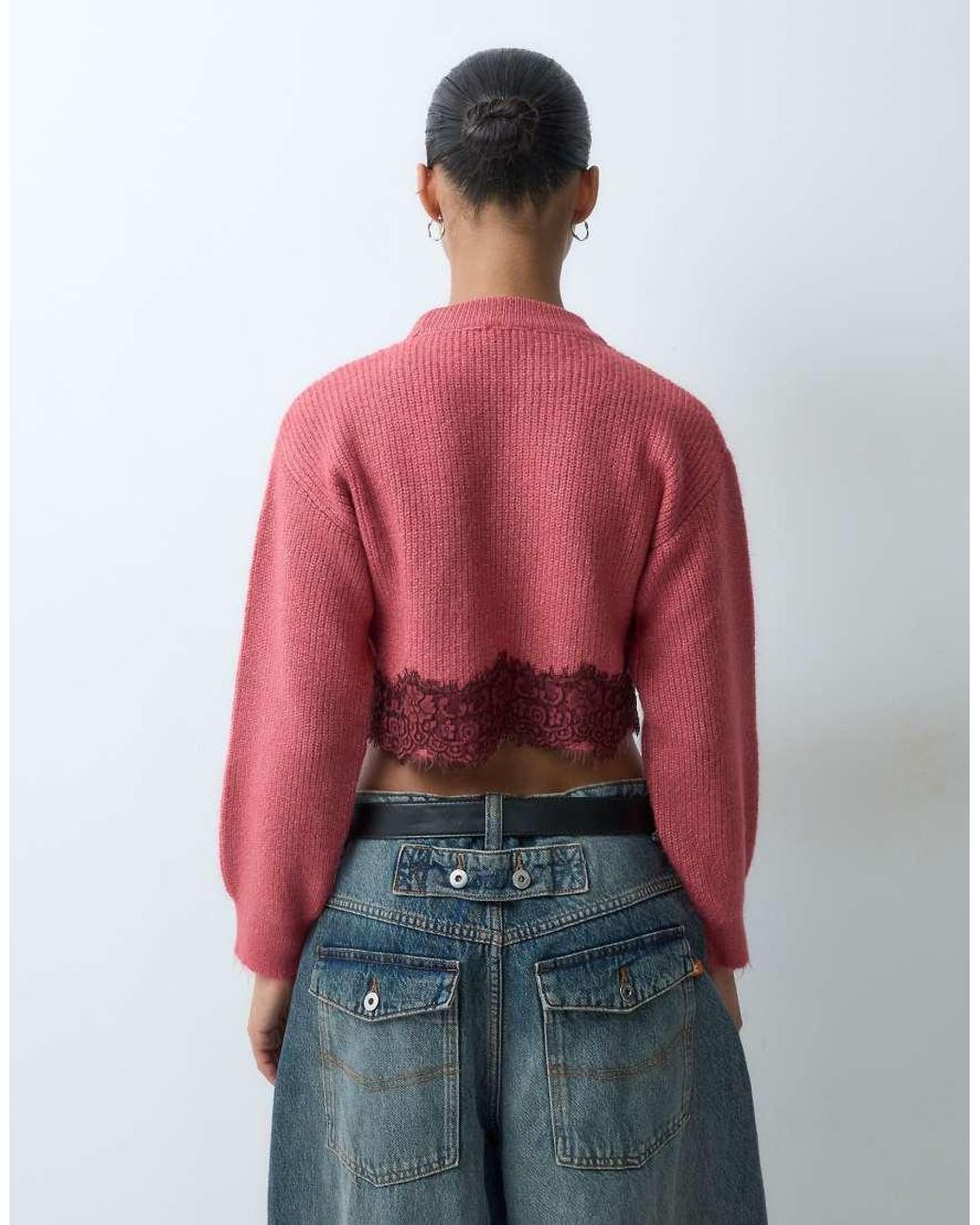 Miss Selfridge Red Super Crop Rib Sweater With Lace Hem