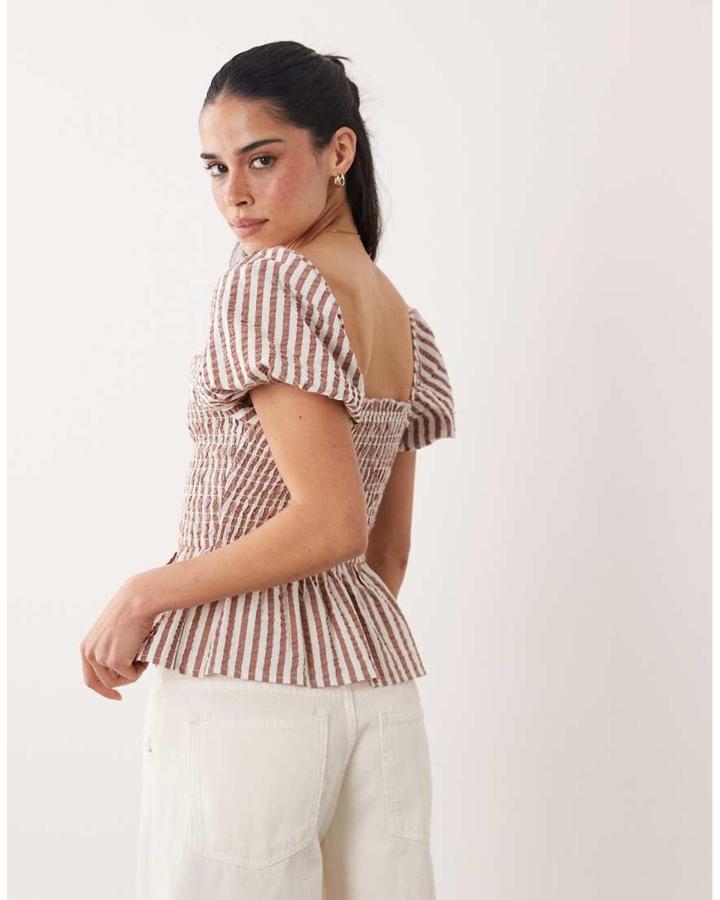 New Look Natural Stripe Shirred Top