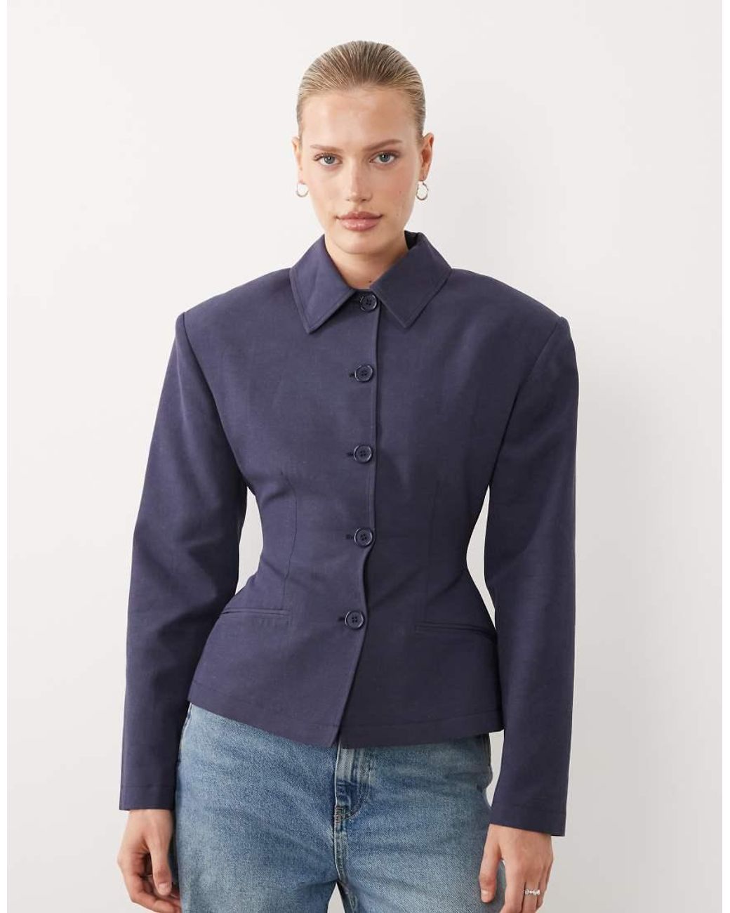 ASOS Blue Button Through Linen Look Cinch Blazer