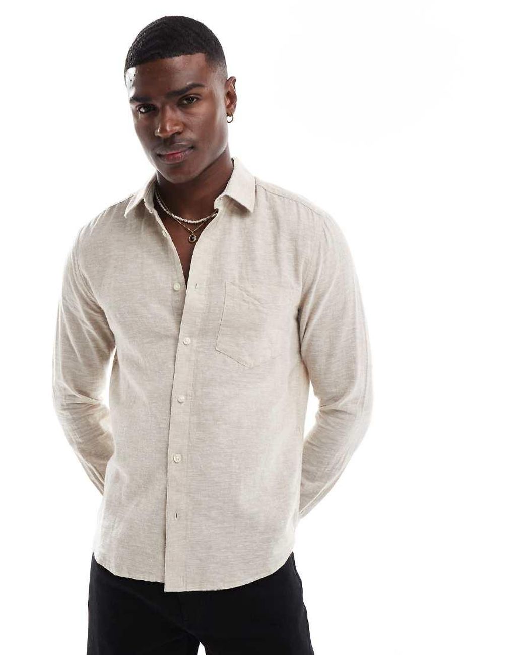 Only & Sons Gray Regular Fit Linen Mix Long Sleeve Shirt for men