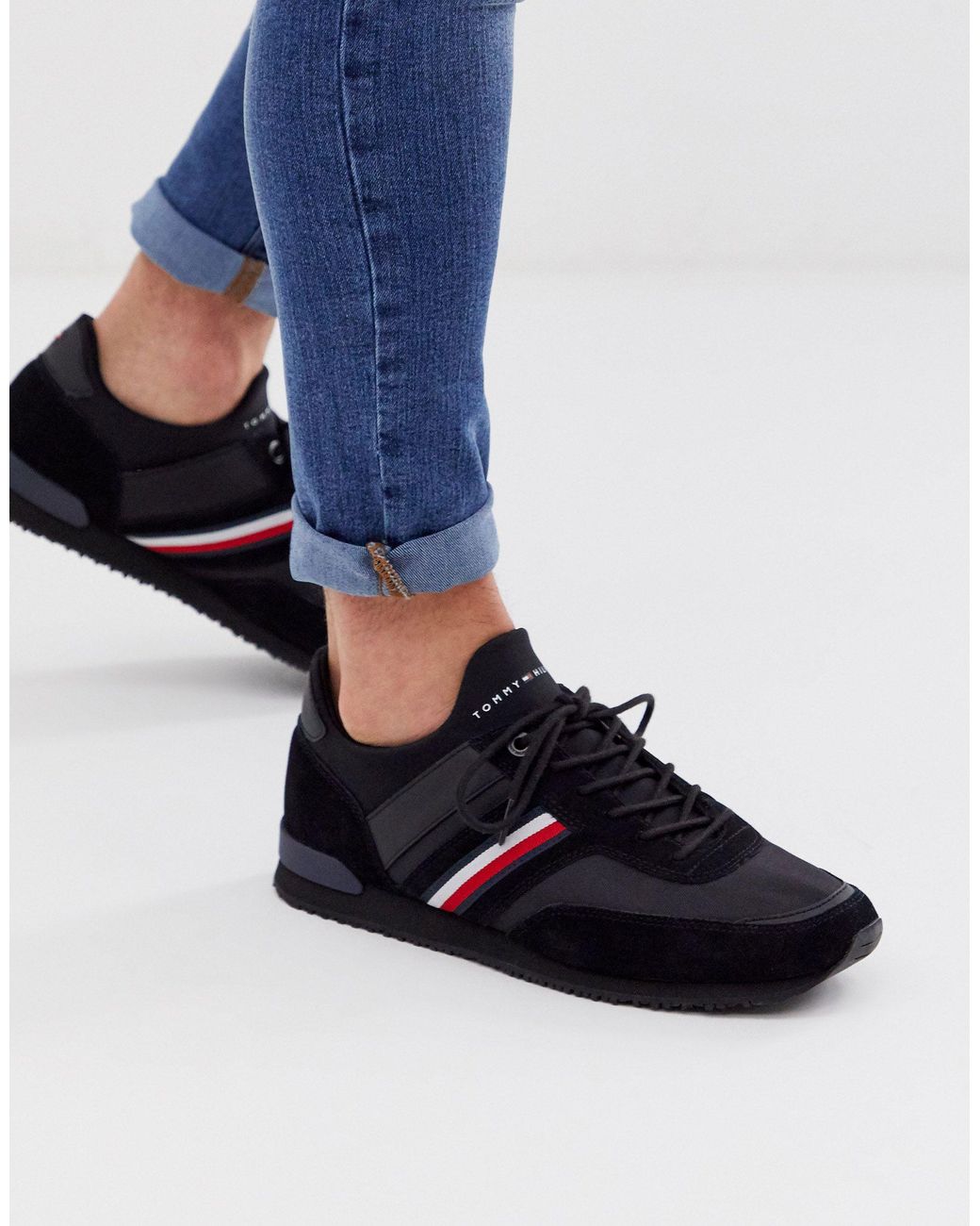 Tommy Hilfiger Iconic Logo Leather Suede Mix Runner Trainer in Black for  Men | Lyst UK