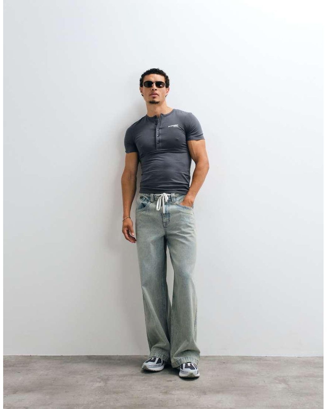 ASOS Blue Muscle Henley T-shirt With Chest Graphic for men
