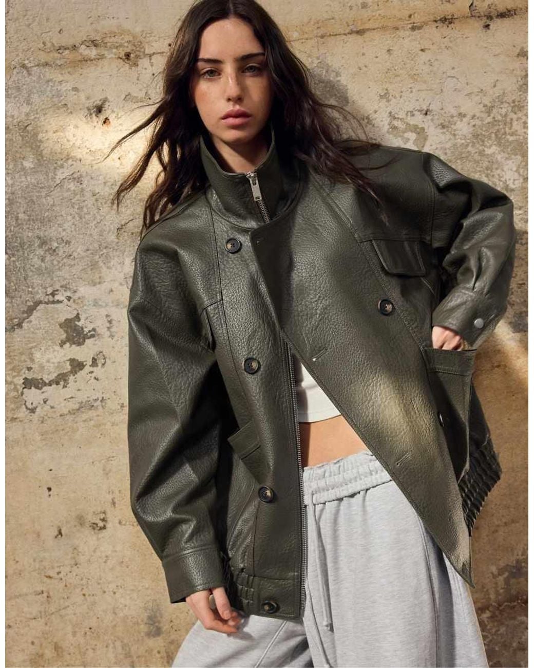 Stradivarius Gray Oversize Leather Effect Jacket