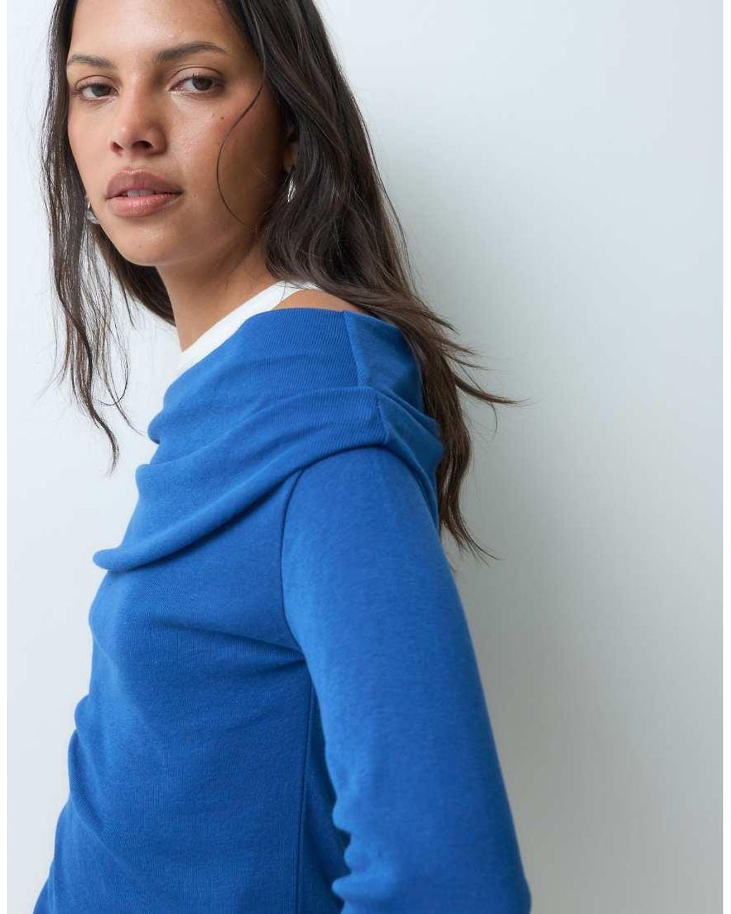 JJXX Blue Off Shoulder Double Layer Knit Top