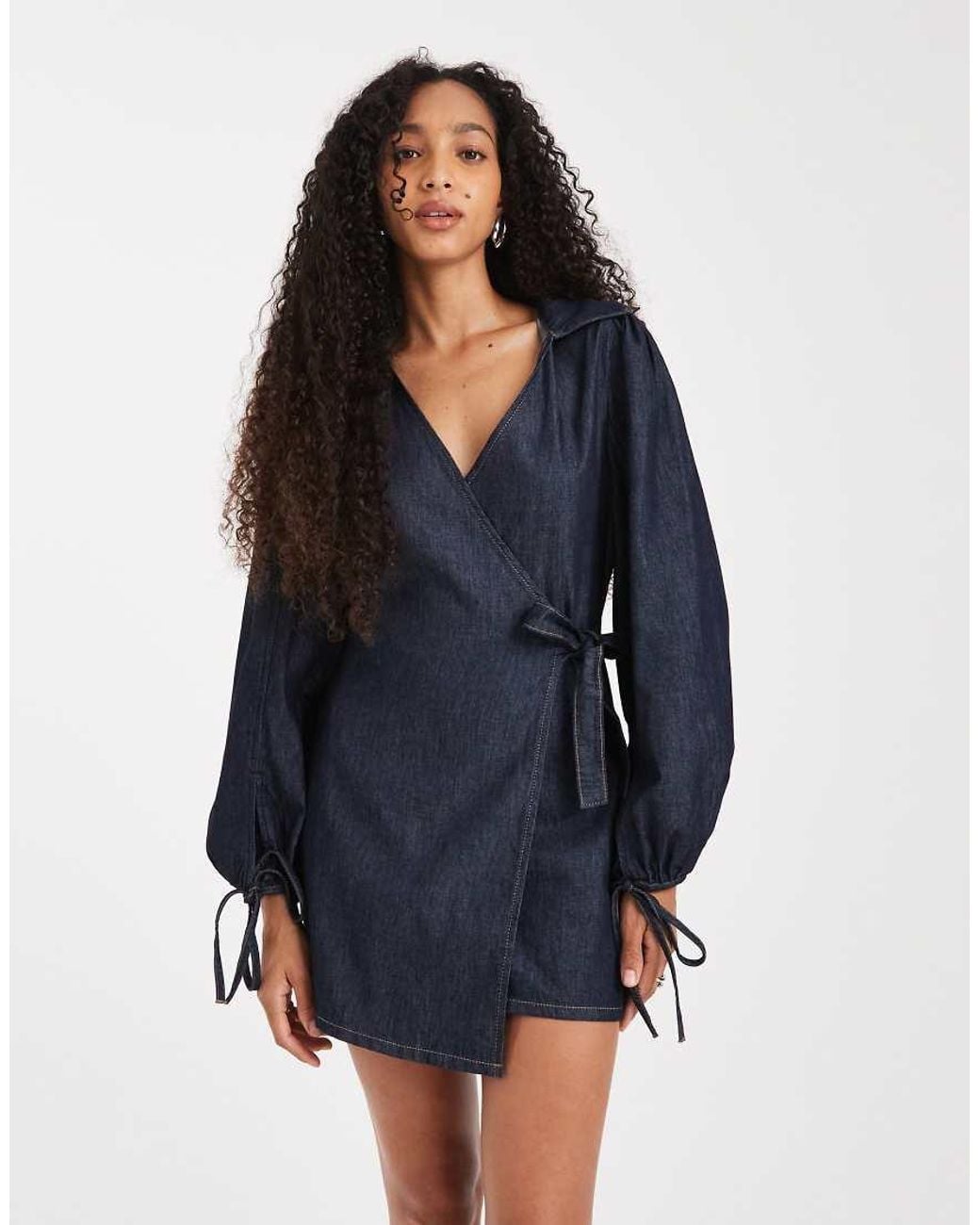 ASOS Blue Denim Wrap Mini Dress With Balloon Sleeve
