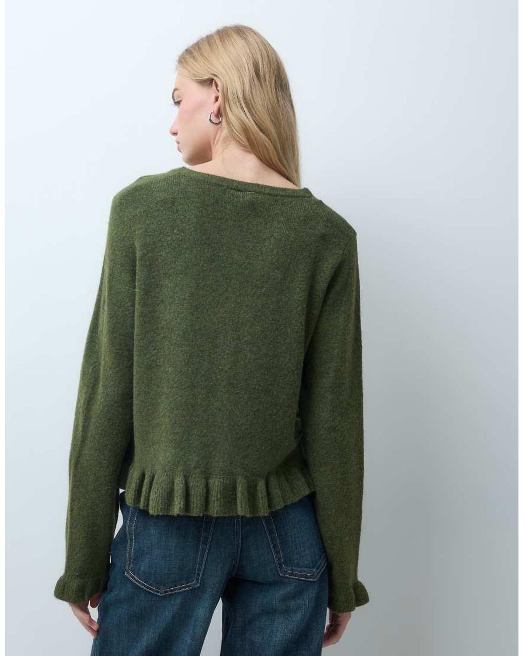 Pieces Green Frill Cuff Button Detail Cardigan