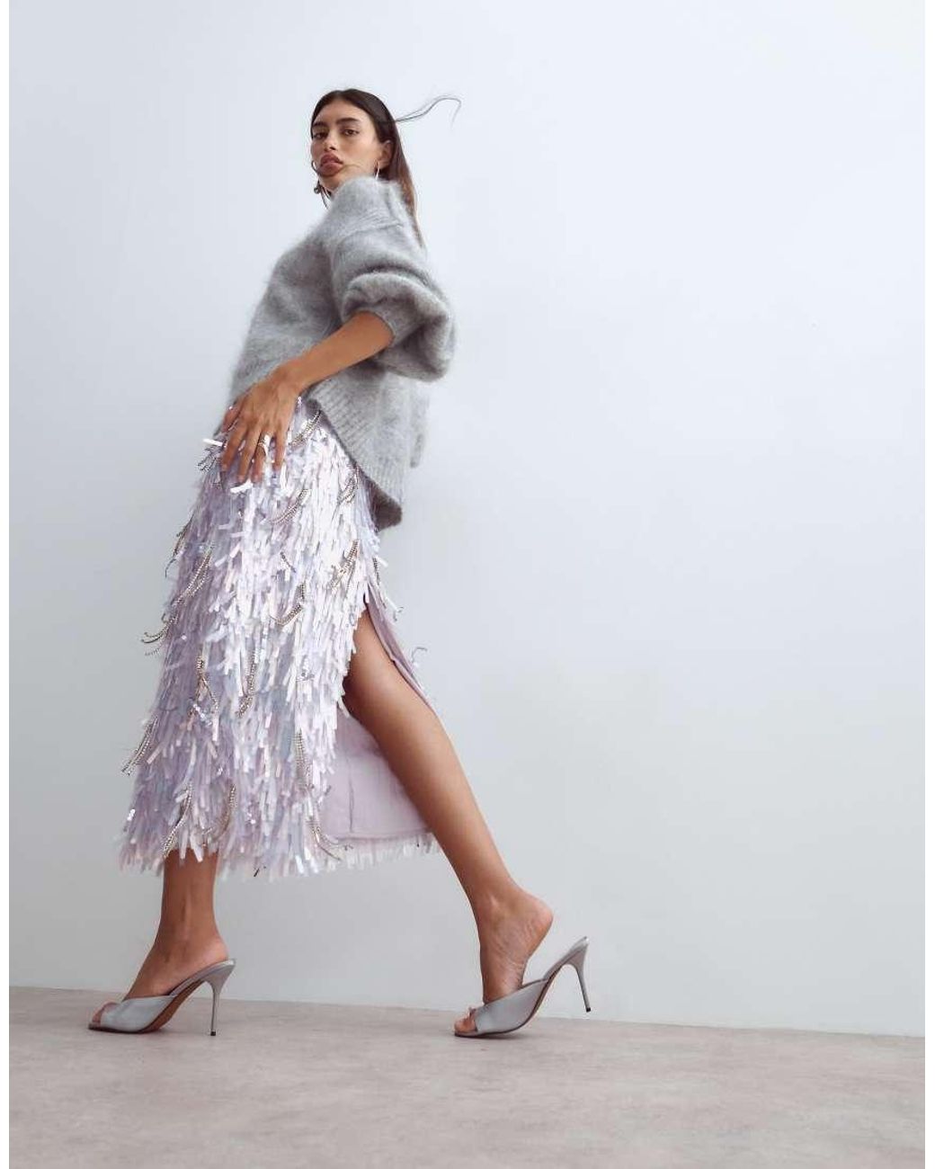 ARRANGE Gray Premium Oversized Mohair Rich V-neck Sweater