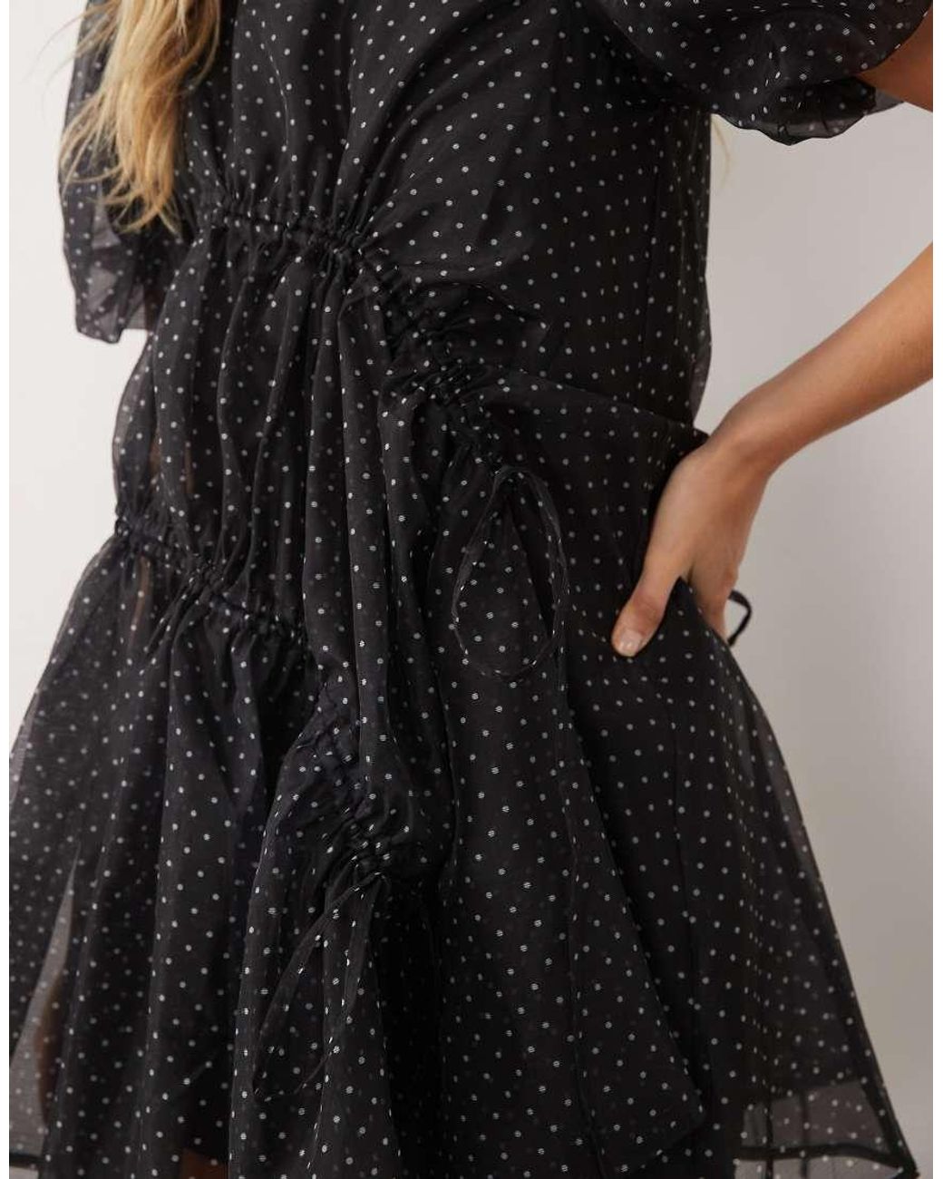 Ghospell Black Exclusive Seersucker Puff Sleeve Asymmetric Drawstring Mini Dress