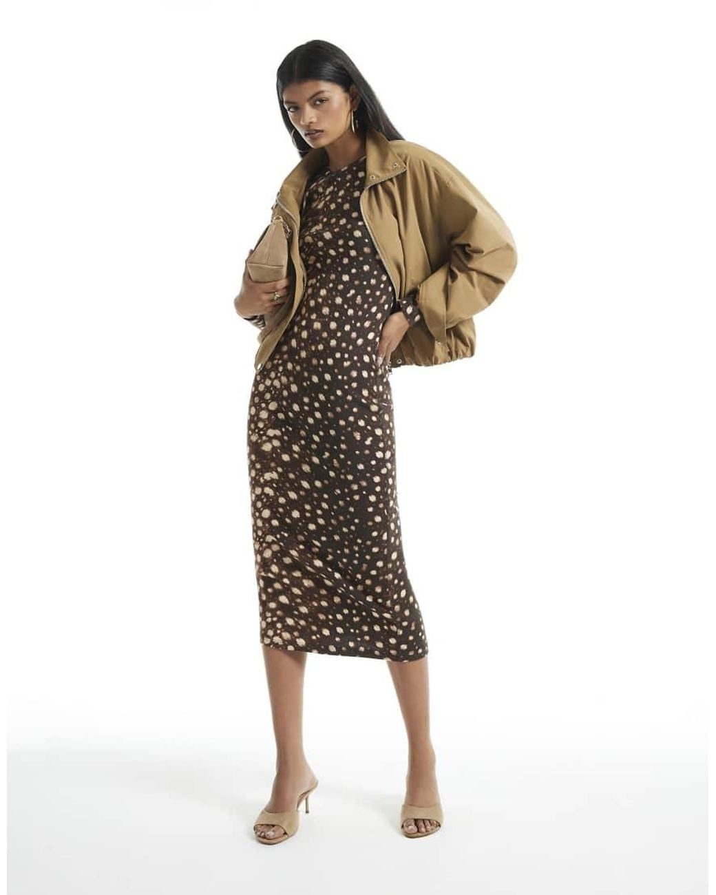 River Island Brown Rib Deer Print Midi Dress